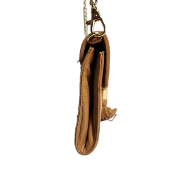 Clutch Handbag removable shoulder strap tassel Leather Tan Gold color C WONDER - Picture 4 of 13
